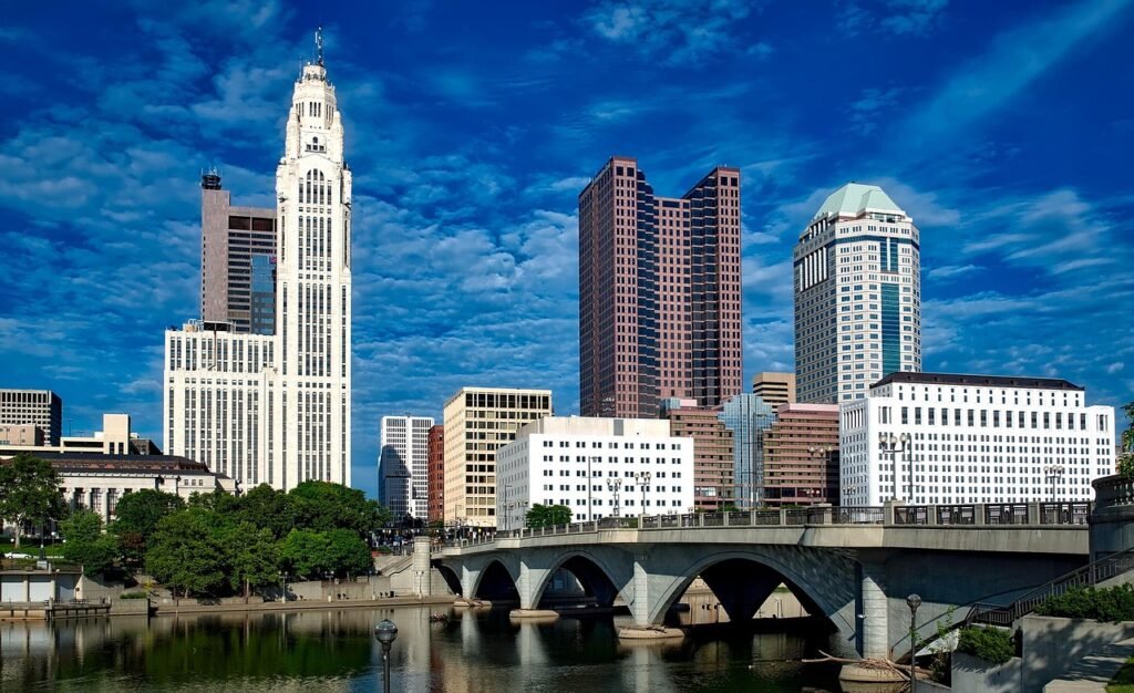 columbus, ohio, city, cities, urban, nature, cityscape, skyline, downtown, river, architecture, hdr, sky, clouds, skyscrapers, buildings, blue river
